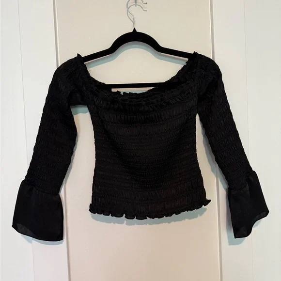 FRAME Smocked Off Shoulder Top in Black Size XS - Picture 7 of 16